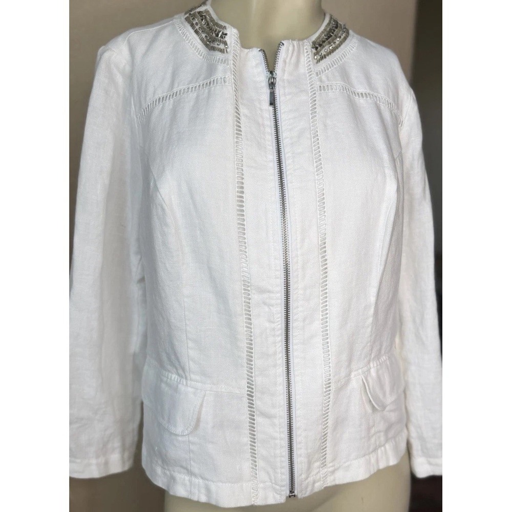 INC International Concepts White Boho Chic Jacket Beaded Neckline L‎